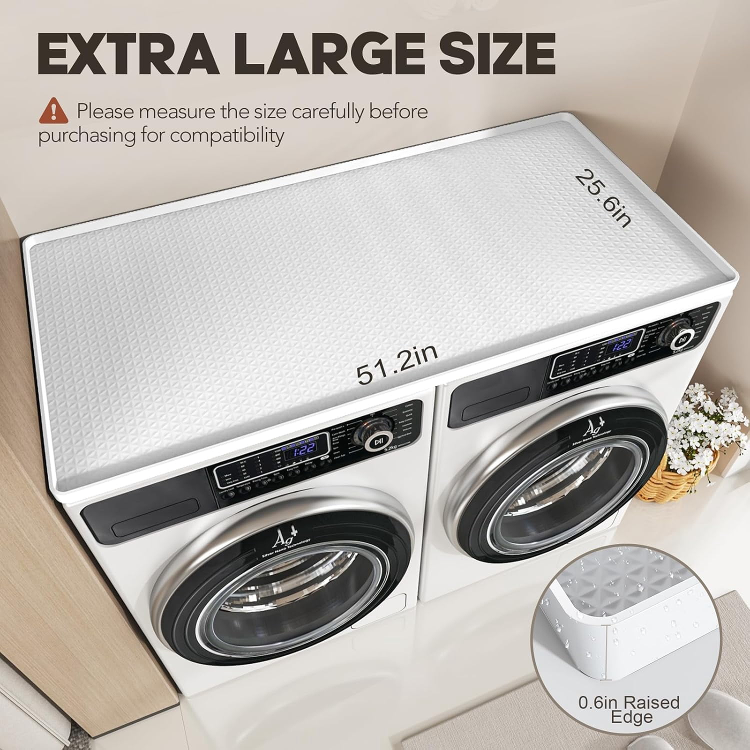 Washer Dryer Countertop, 51.2" x 25.6" Large Washer and Dryer Covers for The Top, Non-Slip Waterproof Silicone Dryer Top Protector Mat, Washer Dryer Topper for Laundry Room Kitchen Home（White）
