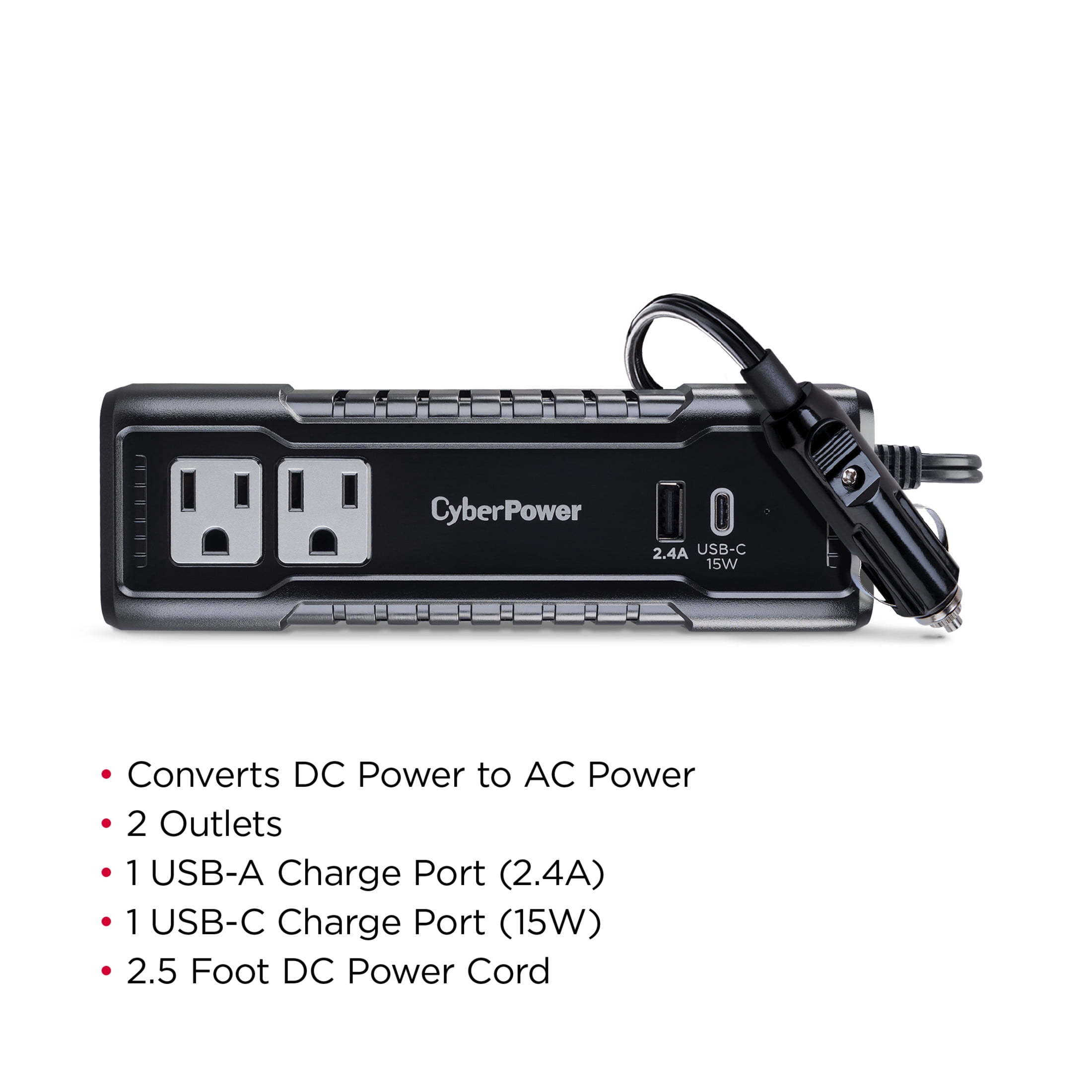 CyberPower M175XUC - 175W Black Power Inverter with 2 AC Outlets, 1 USB-C & 1 USB-A Port, 2.5 ft Cord
