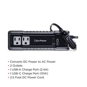 CyberPower M175XUC - 175W Black Power Inverter with 2 AC Outlets, 1 USB-C & 1 USB-A Port, 2.5 ft Cord