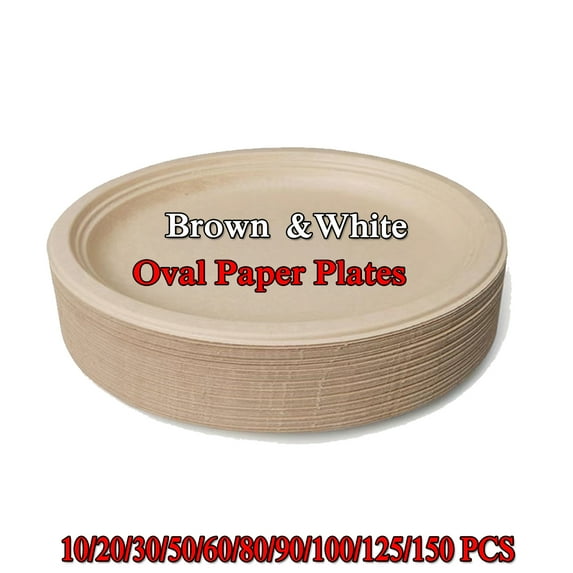 100% Compostable Oval Paper Tray Super Strong Disposable Paper Tray Bagasse Natural Biodegradable Eco-friendly Sugar Cane Tray for BBQ, Party, Party and Picnic