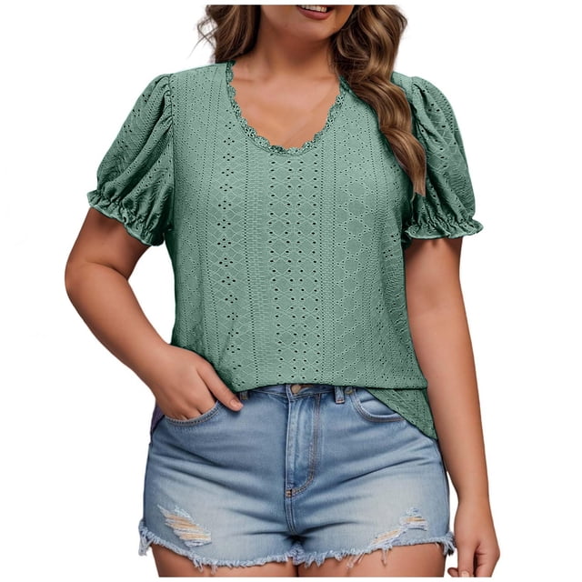 Timegard Hauts pour Femmes Grande Taille Froncés à Volants Manches Courtes Col Rond Décontracté Chemises Amples