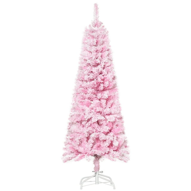 HOMCOM Snow Flocked Pencil Artificial Christmas Tree with Steel Base Pink