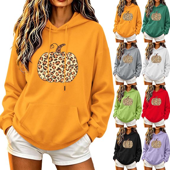 DIOAZUD Women's Halloween Sweatshirts Funny Pumpkin Graphic Pullover Hoodies Trendy Going Out Long Sleeve Sweater Tops Halloween Costumes