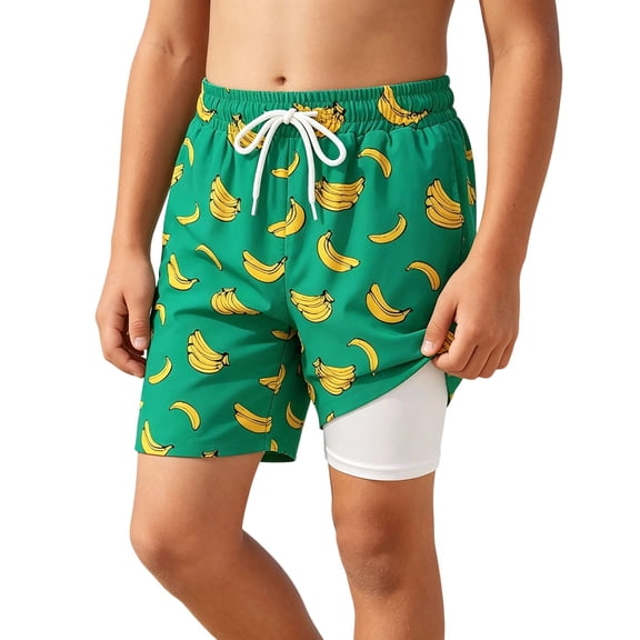 FYDUU Boys Swim Trunks with Compression Liner Kids Bathing Suit Printed Elastic Waist Casual Beach Shorts Lightweight Swimwear Bottoms Versatile Pants 5-6 Years
