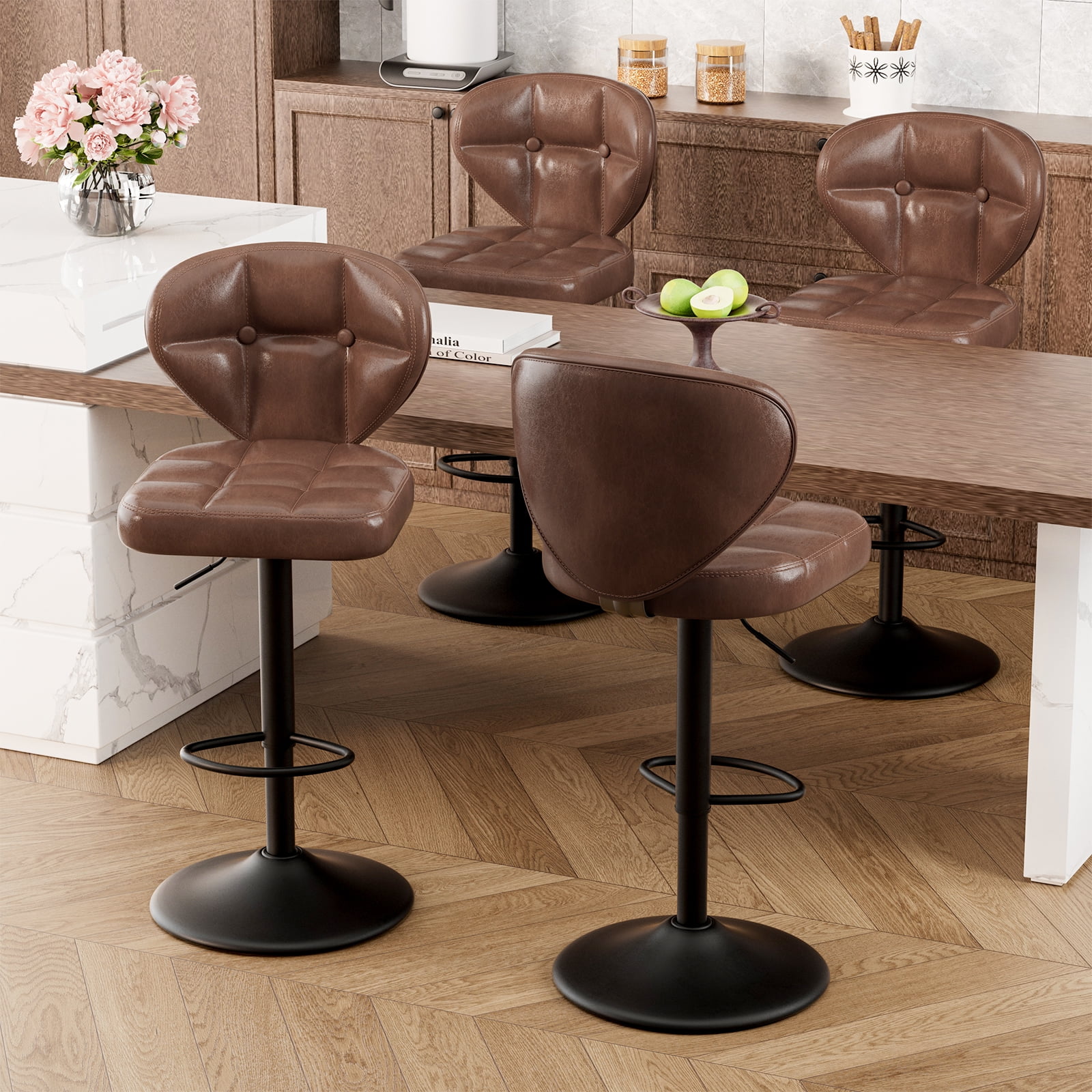 Hawsaiy Vintage Style Leather Bar Stool Set of 2 with Button-Tufted Design,Brown
