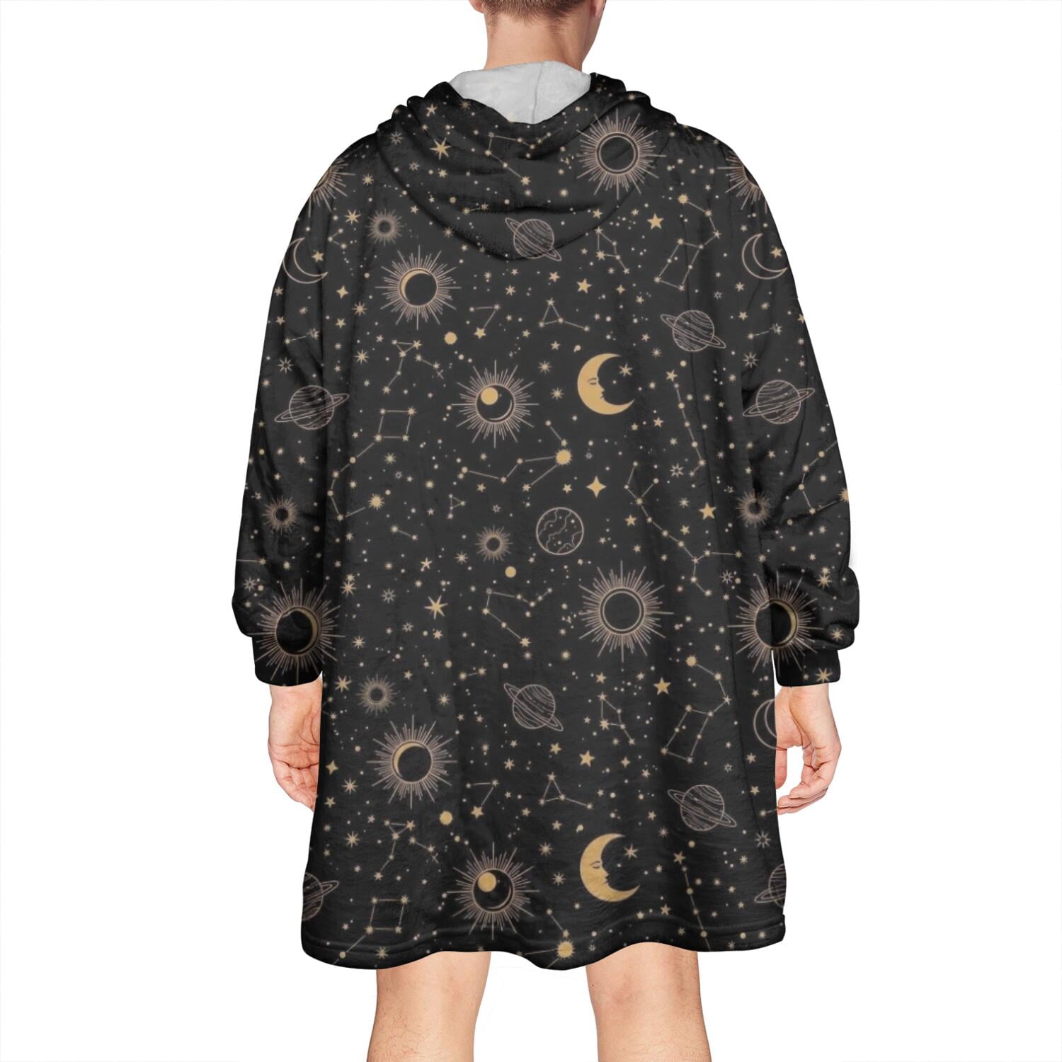 Wearable Oversized Blanket,Black Sun Moon Star Planet Constellation Pattern Wearable Blanket Hoodie for Adults,Cozy Hooded Blankets with Super Pockets,Super Warm Fuzzy Pullover for Women & Men