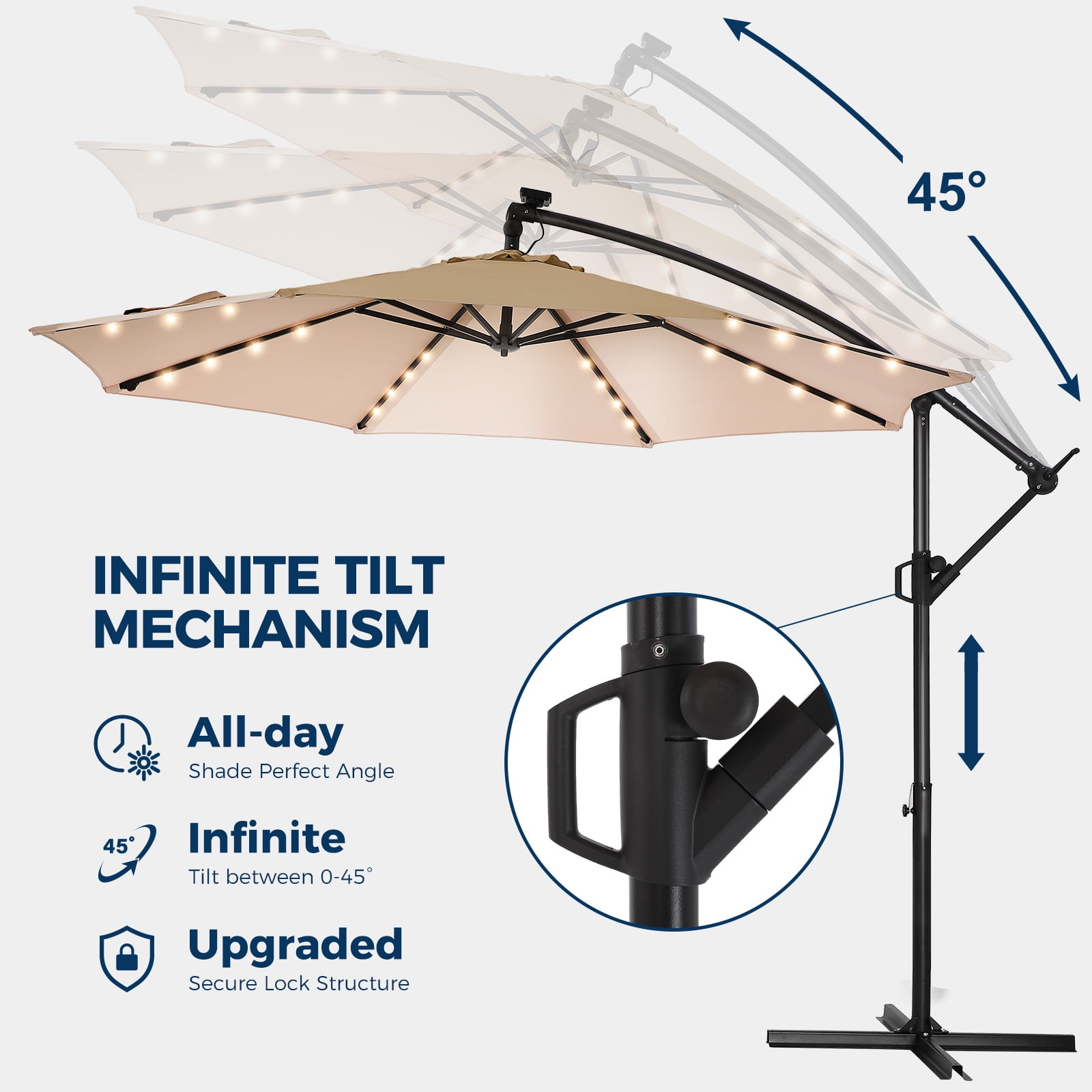 Patbrela 10ft Offset Patio Umbrellas (Includes Base) Outdoor Cantilever Hanging Umbrella with Infinite Tilt, for Yard, Garden, Beach, Pool & Deck, Beige