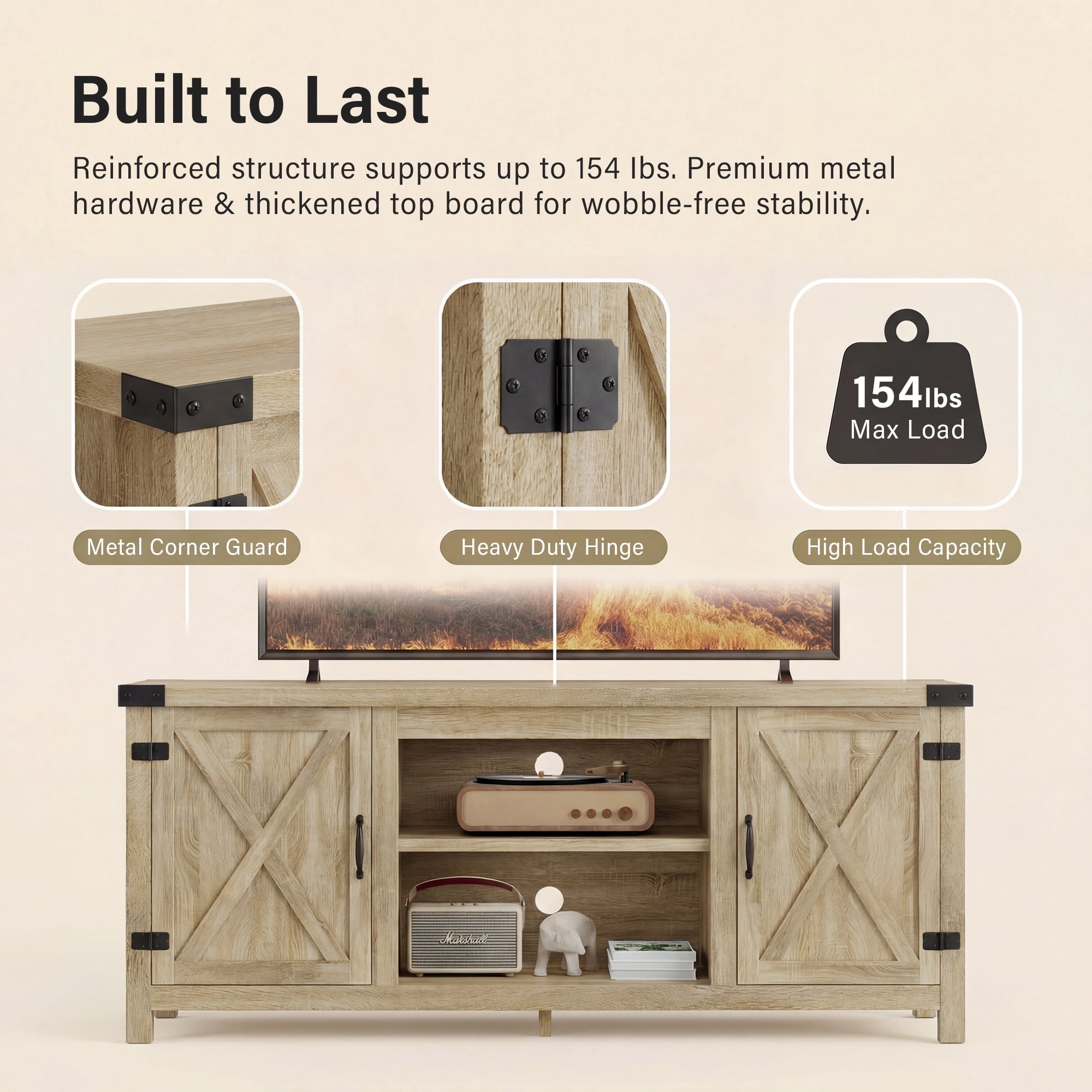 Vineego TV Stand for 65 Inch TVs, Farmhouse Oak Storage Cabinet with Cable Management and Hidden Compartment