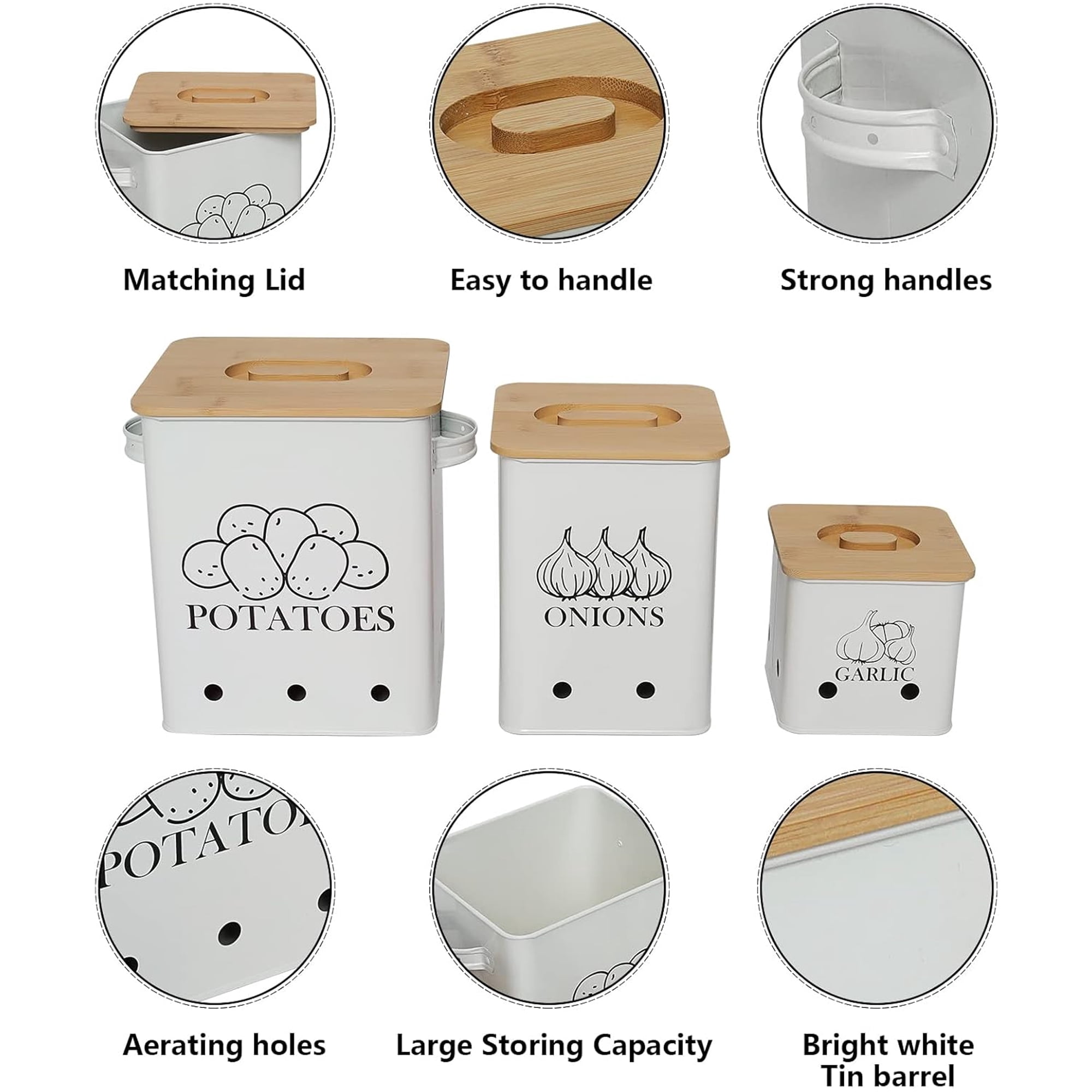 Pethiy Kitchen Storage for Potato Onion & Garlic,3 Pack Set Kitchen Counter Organizers with Wooden Lid - Potato Storage Garlic Bin,Onion Keeper Tin with Aerating Holes-White