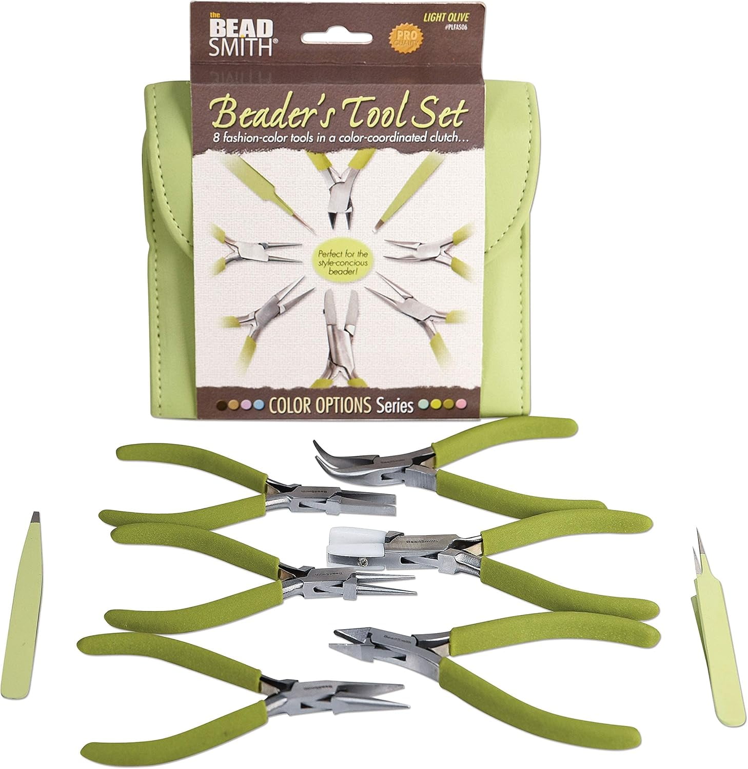 The Beadsmith Fashion Color Pliers - Set of 8 Slimline Color-Coordinated Tools – Matching Clutch in Light Olive – Jewelry Making Supply Kit to Create Necklaces, Bracelets, Earrings & More