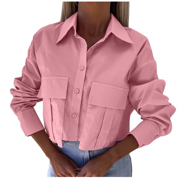 hlysgo Women's Collared Double Pocket Tops Cropped Button Down Shirt Long Sleeve Fashion Casual Streetwear Tops Pink,S