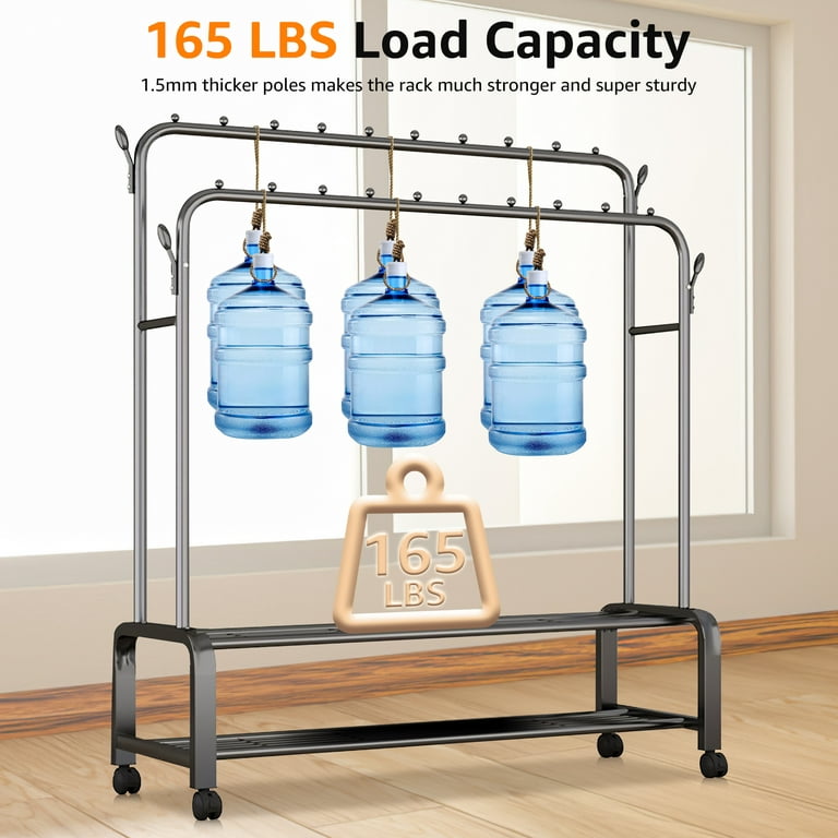 Doulami 2 Tiers Clothes Rack on Wheels Double Rails Rolling Garment Rack  Clothes Rack with Shelves Hanging Rack with Side Hooks and Shoes Bag 