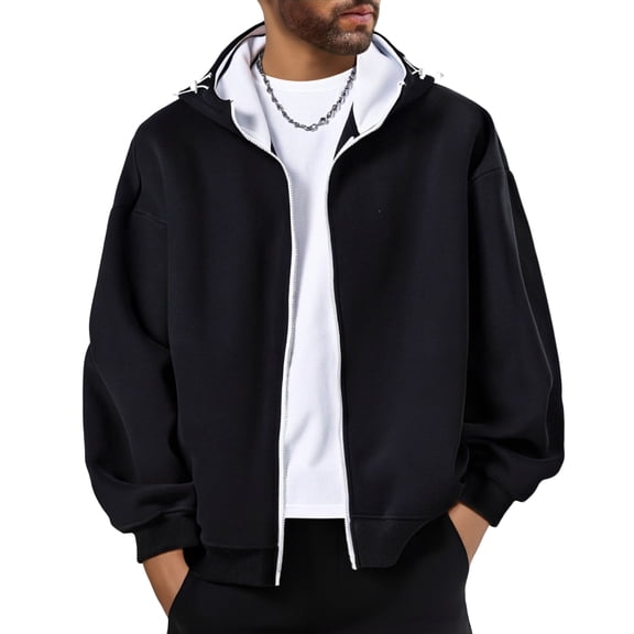 Men's Unisex Hoodie Jacket - Colorblock Casual Loose Zip-Up Sports Cardigan, Black, L