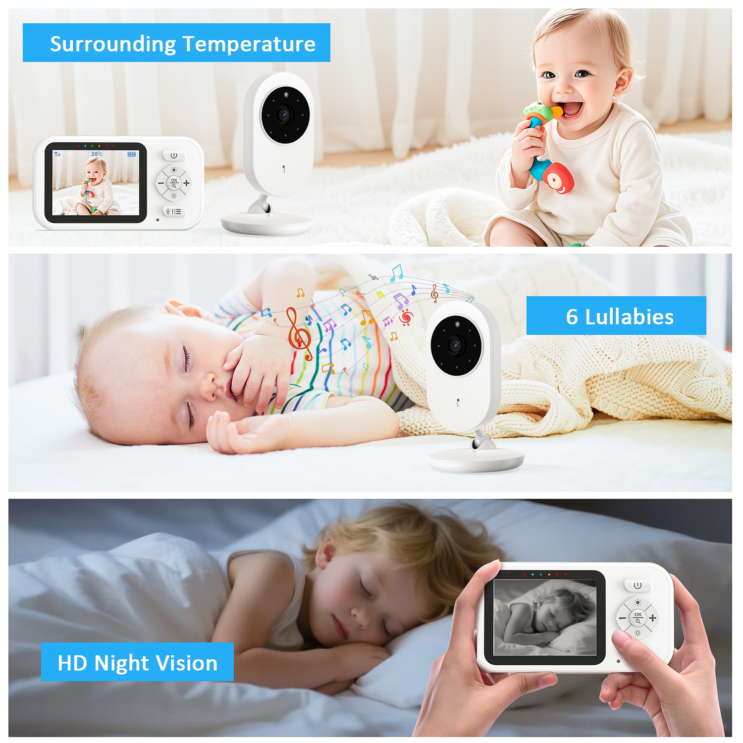 Askmuse 2.8" Baby Monitor with Camera and Audio, No WiFi Portable Baby Camera Monitor with Night Vision, VOX, Two-Way Talk, 6 Lullabies, Temperature Sensor, Plug and Play, for Travel, Room, Pet