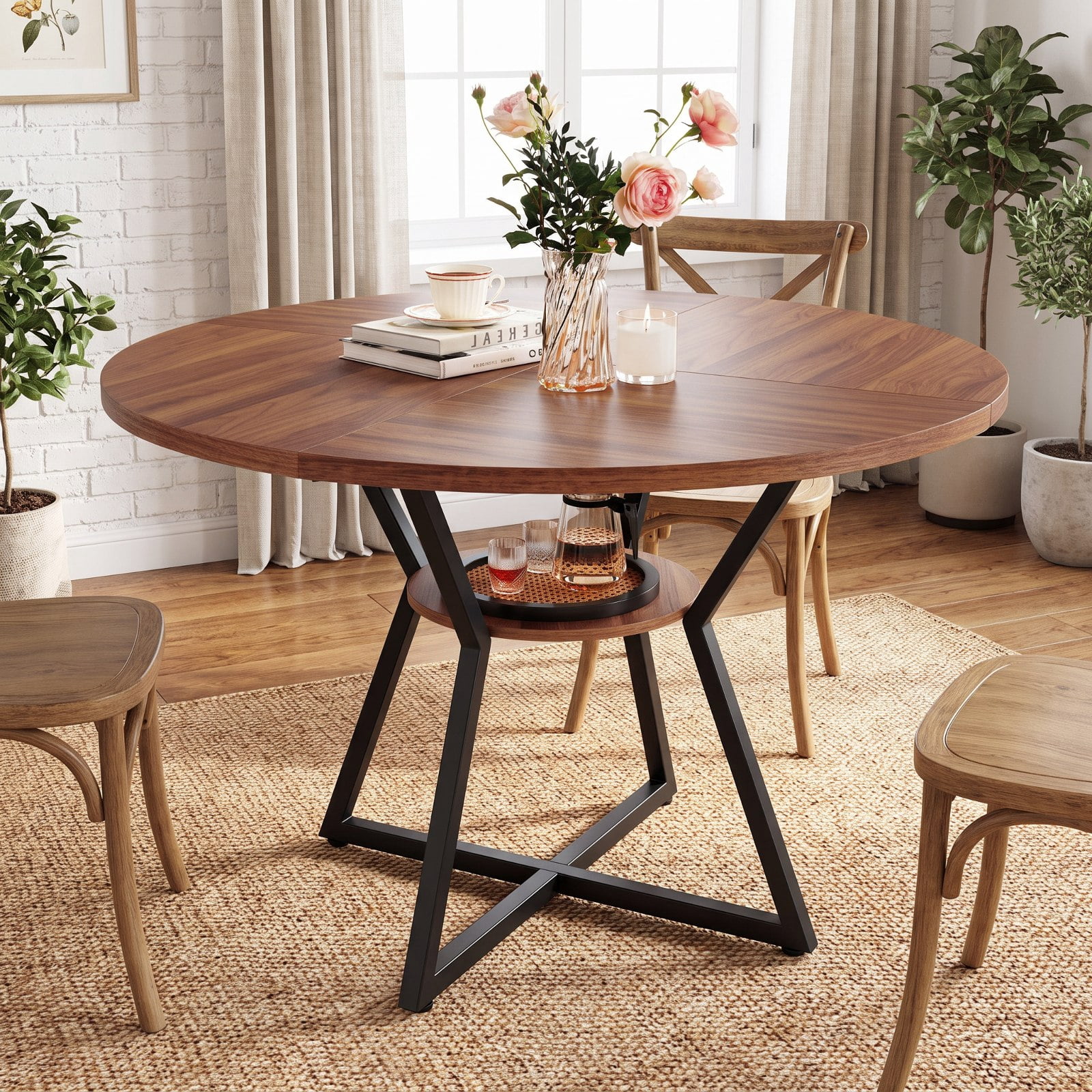 Furnibear 47 Inch Round Dining Table for 4 with Bottom Storage Shelf and Metal Frame