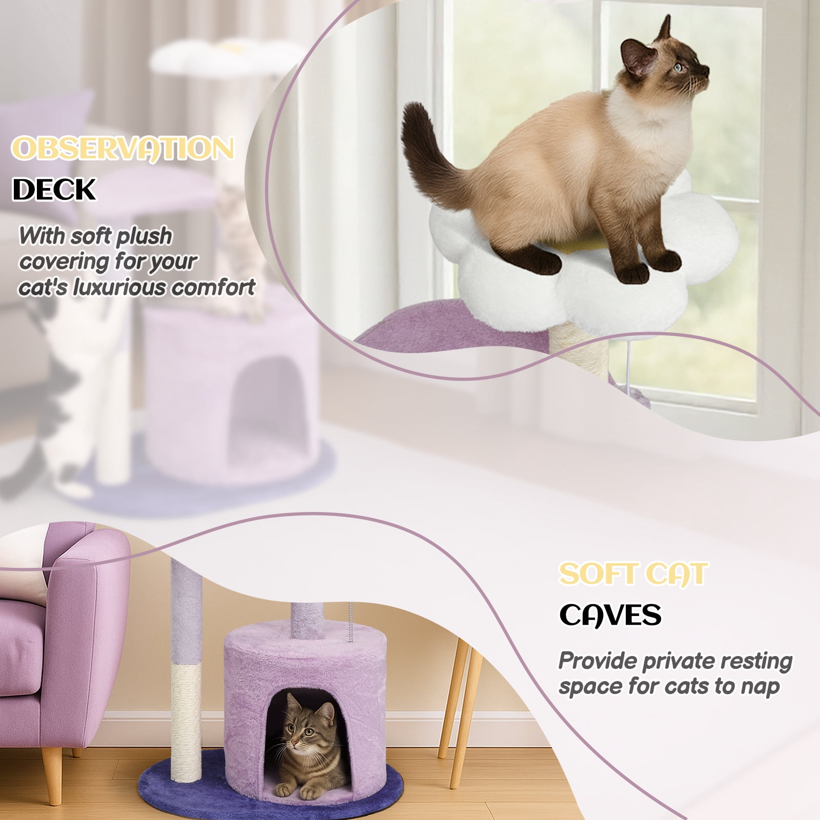Ktaxon 33in Lavender Purple Cat Tree, Multi-Level Tower with Scratching Post, Curved Perch & Padded Bed, for Kittens & Indoor Cats