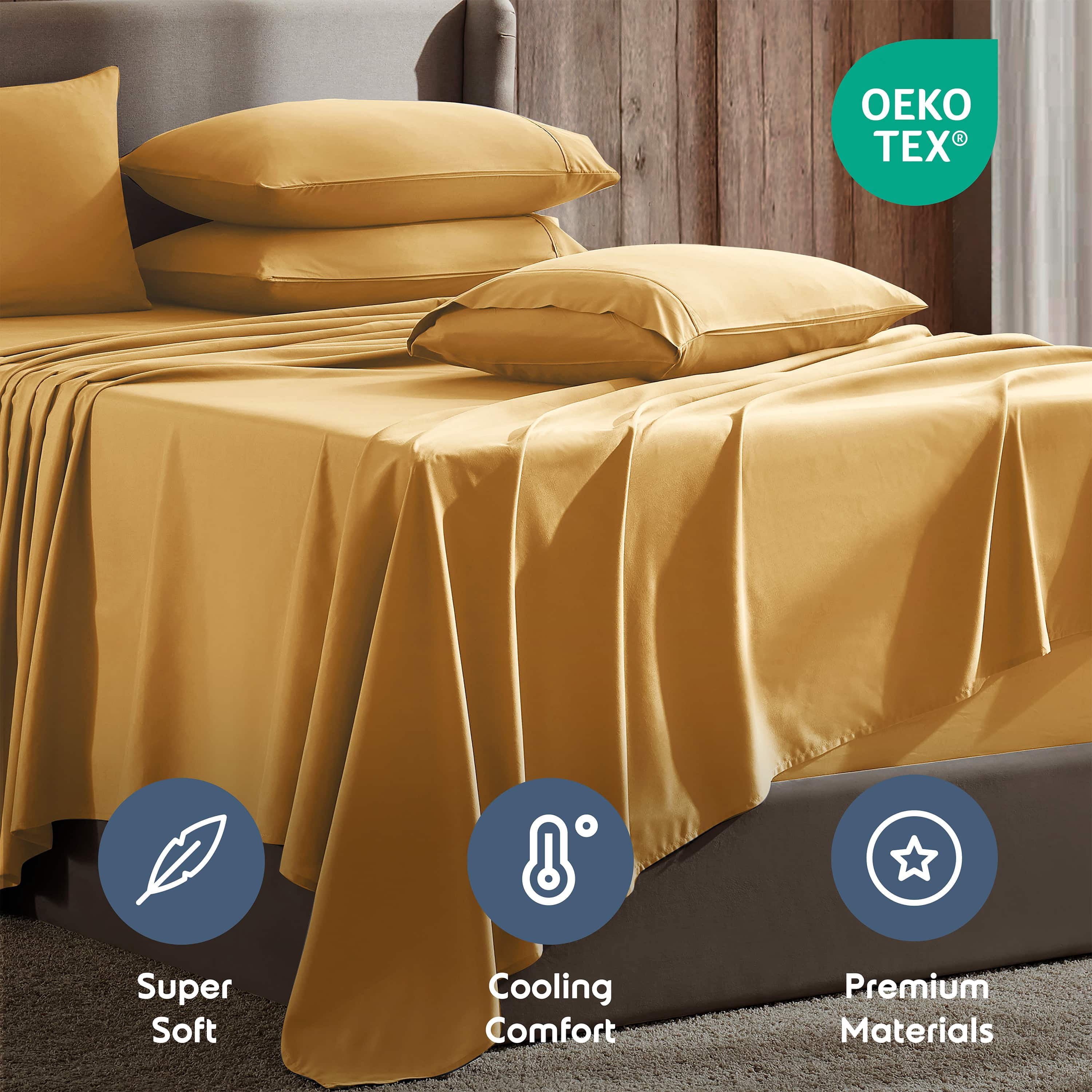 LammaLoe Extra Deep Pocket California King Sheets set, Fits 18"-24" Mattress, 6 Piece Soft Microfiber Bed Sheet Sets, Camel Gold