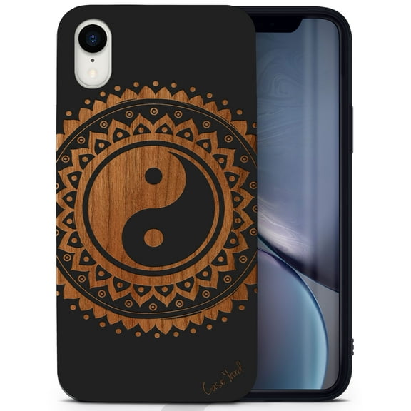 Wood phone case for iPhone XR compatible protective cell phone cover shockproof slim fit laser engraved Yin Yang Mandala design Black wood case for Men & Women by CaseYard