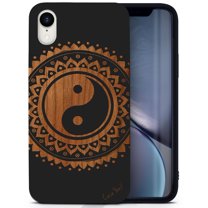 Wood phone case for iPhone XR compatible protective cell phone cover shockproof slim fit laser engraved Yin Yang Mandala design Black wood case for Men & Women by CaseYard
