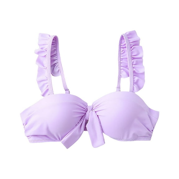 GEWSEY Solid color Bikini Top Only for Women Bow Decor Ruffle Straps Lace up Swimsuit No Bottom (Purple, L)