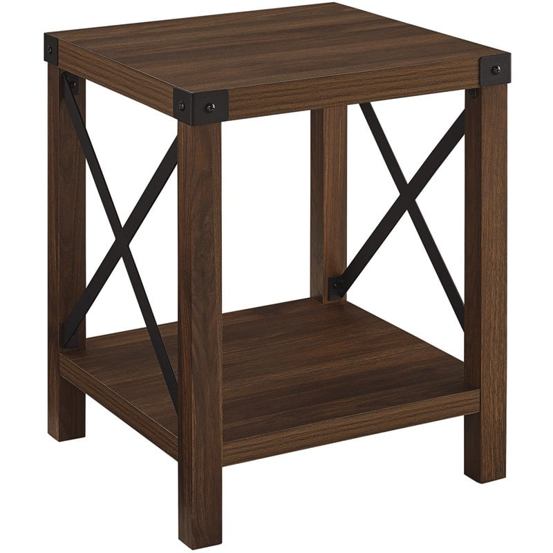 X Shaped Fram Rustic Wood End Table, Dark Wood And Metal Side Table