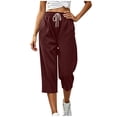 thumbnail image 6 of Bloomae Waffle Knit Capri Pants for Women Lightweight Casual Drawstring Elastic High Waist Comfy Lounge Cropped Trousers Loose Straight Leg Jogger Capris with Pockets, 6 of 9