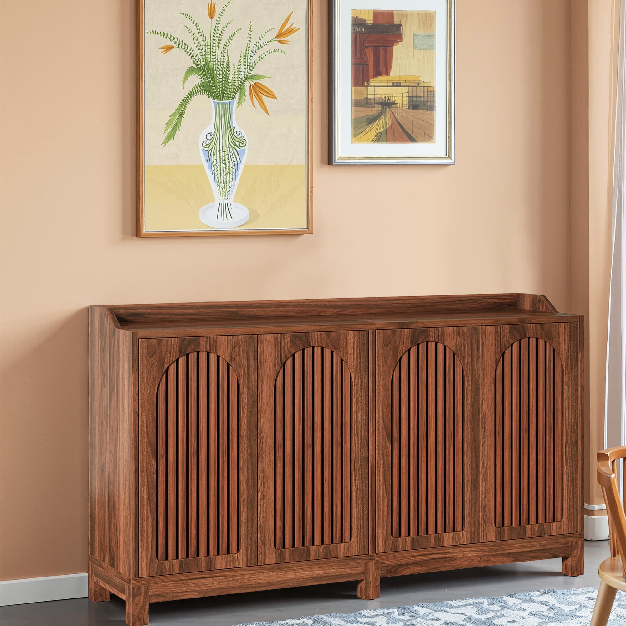 MAYEERTY 57" Farmhouse Sideboard Buffet Cabinet, Vintage Shutter Door Storage Credenza with Adjustable Shelf, Solid Wood Leg Coffee Bar Cabinet