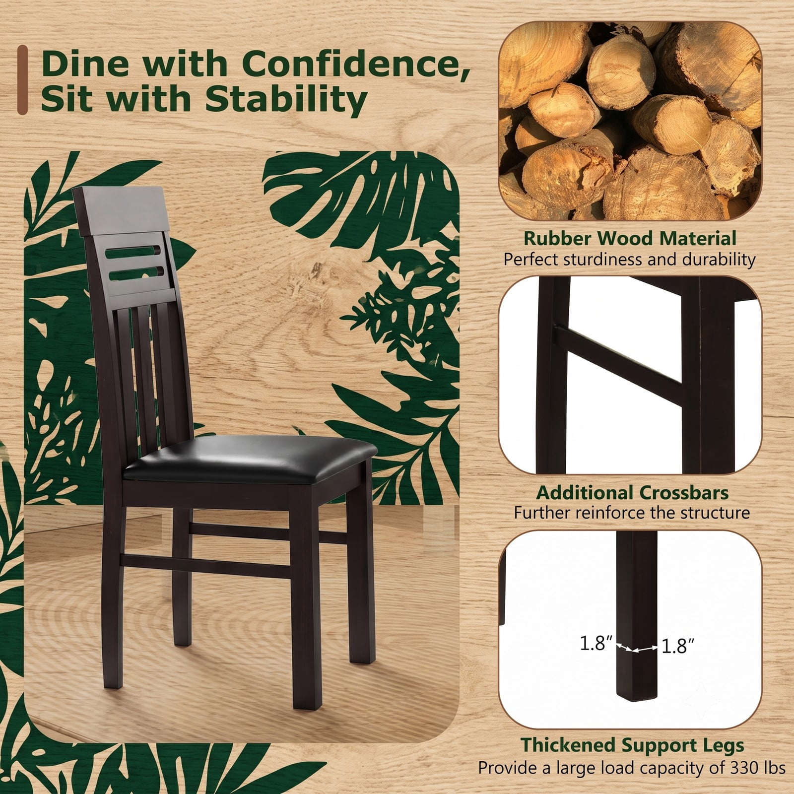 Furnibear Dining Chairs Set of 2, High Back Upholstered Kitchen Chairs with Rubber Wood Legs, PU Leather & Faux Linen Padded Dining Room Chairs, 330 lbs Capacity, Brown