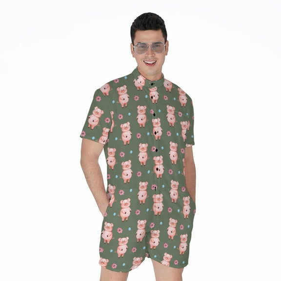 Vintage Pink Pig Pattern Short Sleeve Men'S Rompers, Pig Casual Summer Jumpsuits Outfit