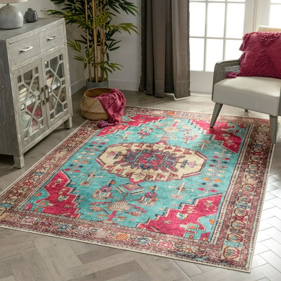 Well Woven Lotus Shasta Blush Turquoise Vintage Bohemian Medallion Persian 2'7" x 9'10" Runner Machine Washable Flat-Weave Area Rug