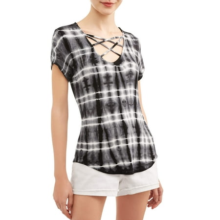 Criss Cross Tie Back - Juniors' Tie Dye Printed Criss Cross Neck Short Sleeve T-Shirt