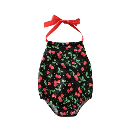 

Baby Summer Jumpsuit Cherry Print Tied Halter Neck Backless Romper