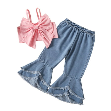 

Kids Toddler Baby Girls Spring Summer Solid Cotton Bow Tie Sleeveless Vest Bell Bottom Outfits Clothes Baby Girl Outfit Set Shoes