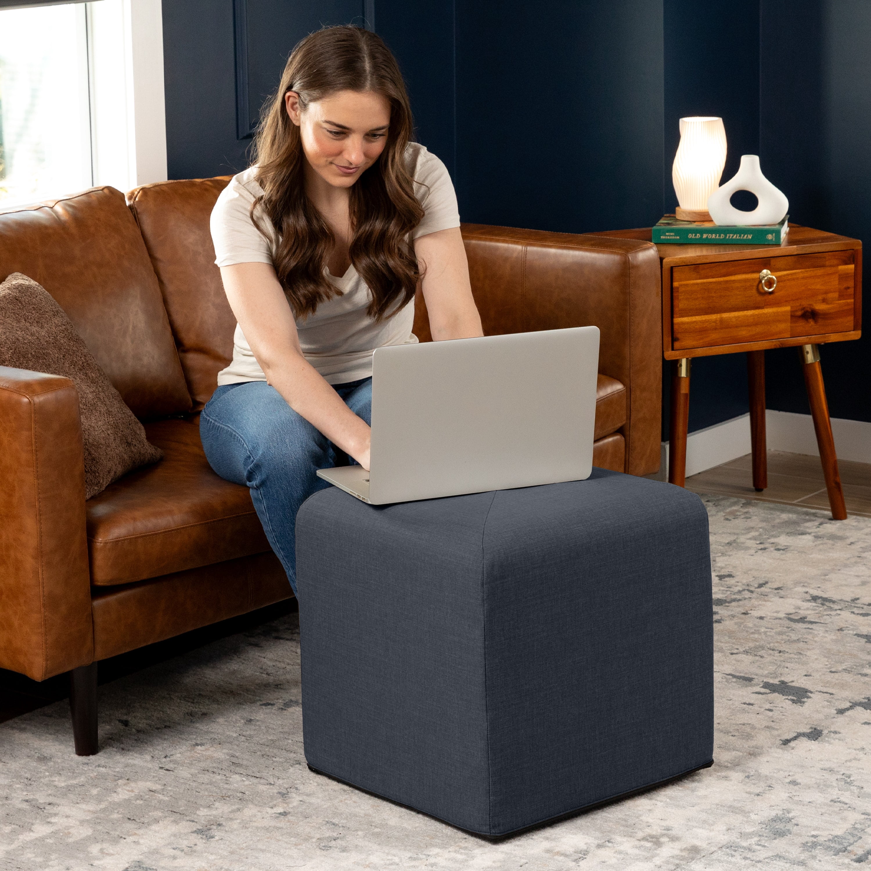 Jaxx Monroe Square Foam Ottoman with Stain Resistant Performance Fabric, Small (18 x 18), Blue Denim