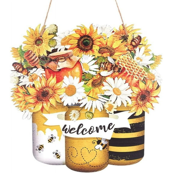 Bee Welcome Sign Wood Sign Happy Front Door Decor Sunflower Wood Hanging Door Sign Outdoor Wooden Decorations Yellow