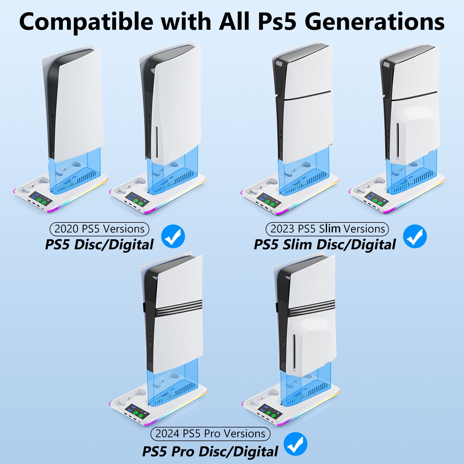 BRHE PS5/PS5 Slim/PS5 Pro Cooling & Charging Station ,PS5/ PS5 Slim/PS5 Pro Stand for Disc & Digital Console,PS5 Controller Charger,PS5 Accessories with 3 Charging Ports,Headset Holder (White)