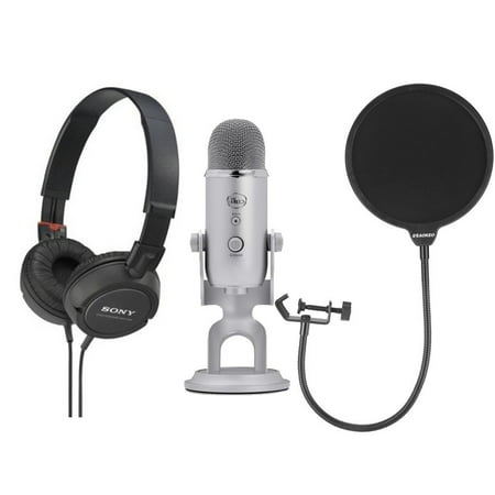 Blue Microphones Yeti Microphone Silver  With Headphones and Pop (Best Pop Filter For Blue Yeti Microphone)