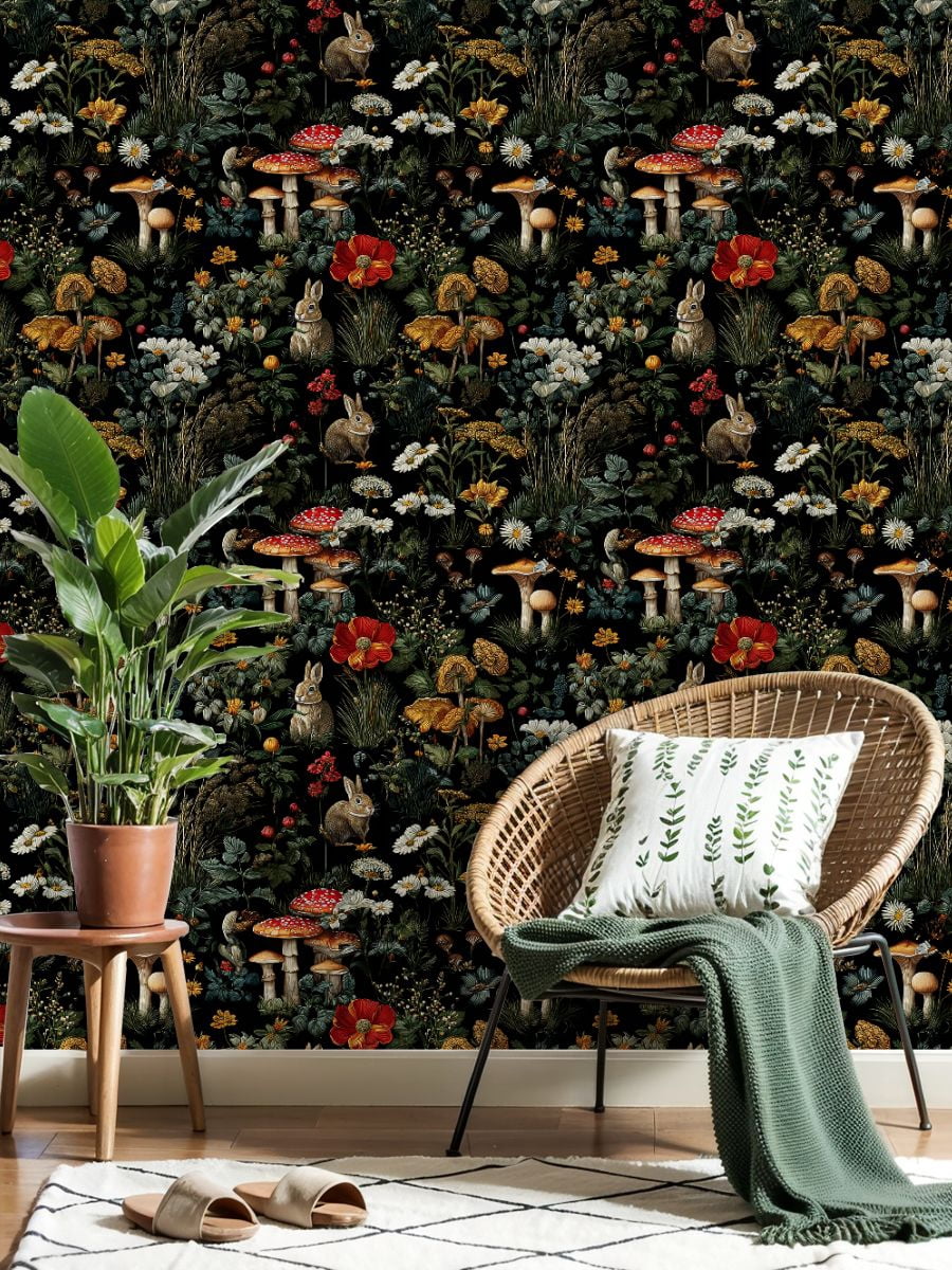 Peel and Stick Wallpaper Whimsical Forest Scene Mushrooms Wildflowers Rabbits Wall Mural 23.6in x 9.8ft Self Adhesive Removable Wall Paper Renter Friendly Wallpaper for Nursery Bedroom Cabinets