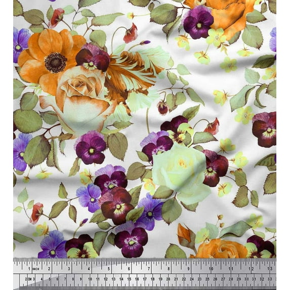 Soimoi Cotton Cambric Fabric Rose,Pansy & Anemone Flower Print Fabric by Yard 56 Inch Wide