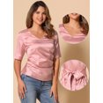 thumbnail image 2 of DARING DIVA Women's Satin V Neck Short Sleeve Ruched Tie Back Tops M Pink, 2 of 6