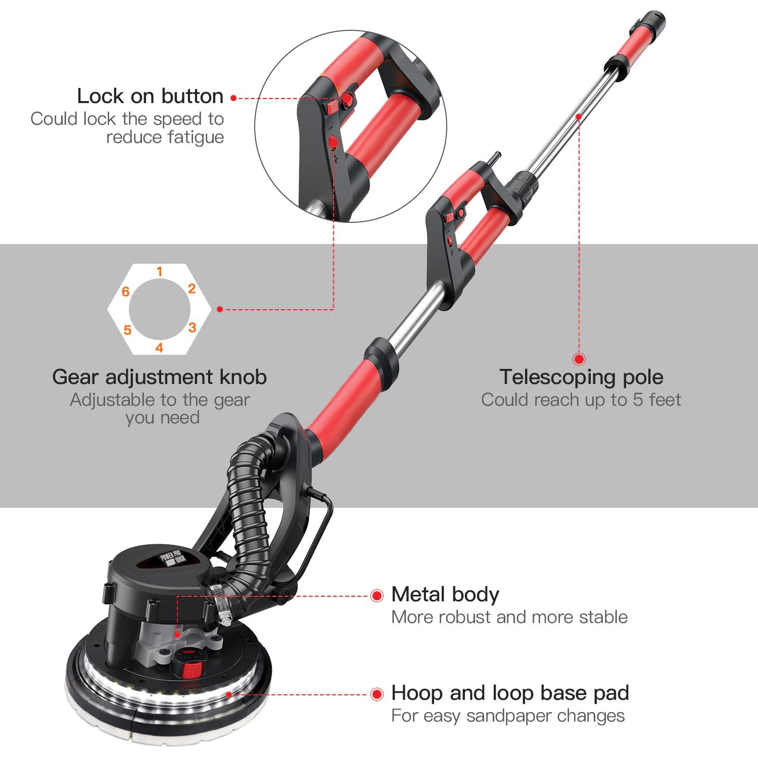 POWER PRO 1090X Electric Drywall Sander - Variable Speed 500-1800RPM, 800W,  with Automatic Vacuum System for Dust Absorption, LED Light, and Carry Bag