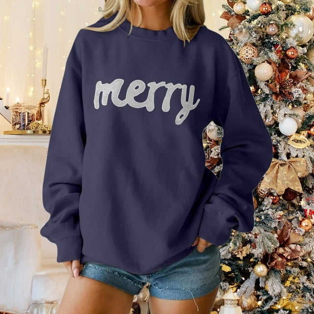 Chandails d'Hiver Grande Taille pour Femmes Chandail à Capuche Décontracté Imprimé de Noël Col Rond Manches Longues Marine TTG