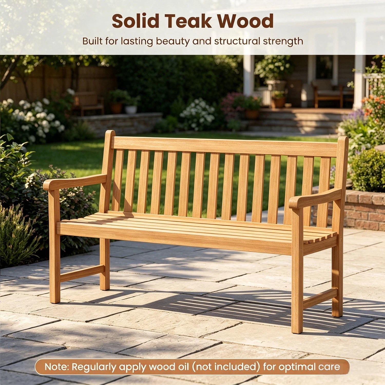 Hommoo 2-Person Patio Teak Wood Bench, Garden Slatted Loveseat Chair Bench Lounge with Armrests and Backrest for Backyard, Natural