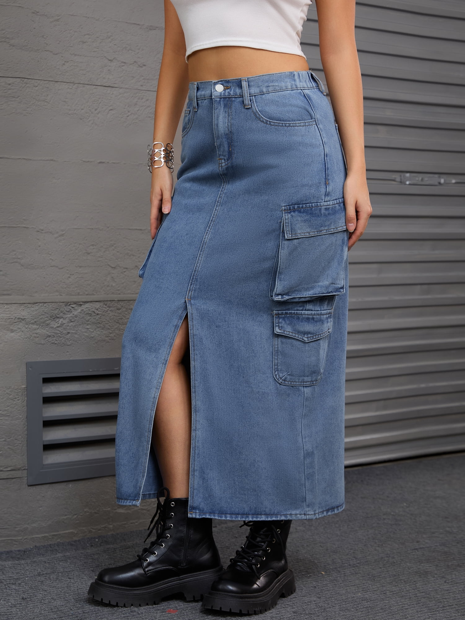 Unique Bargains Women's Front Split Flap Pockets Maxi Denim Skirt M Gray Blue