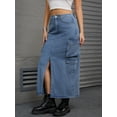 thumbnail image 2 of Unique Bargains Women's Front Split Flap Pockets Maxi Denim Skirt S Gray Blue, 2 of 7