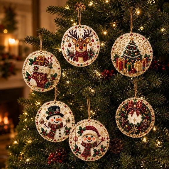 Fountwell Wooden Christmas Ornaments DIY Pearl Art Kit 6 Pack Craft for Adults Gift