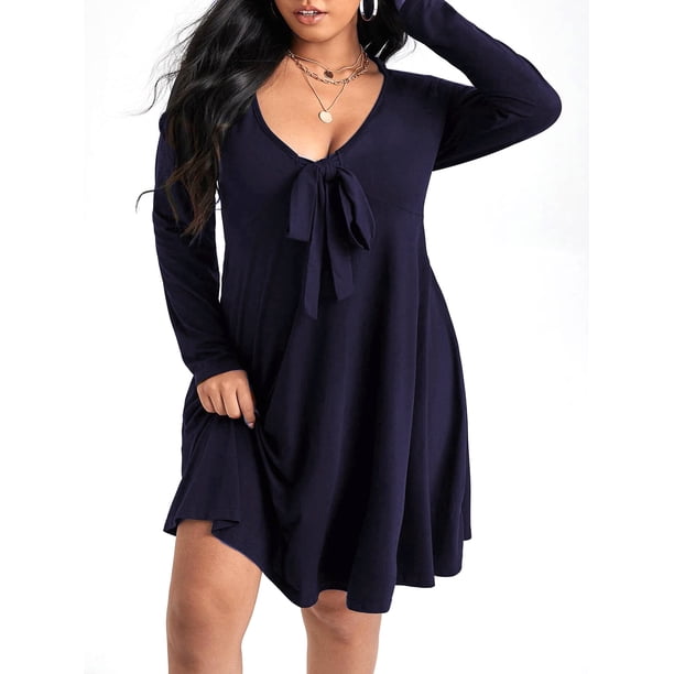 Vestido mini de talla grande con escote en V y manga larga para mujer