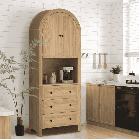 LEFHDA 6-Tier Arched Storage Cabinet with Drawer, Cabinet with Doors and Countertop, Arched Bookcase with Storage, Kitchen Pantry Cabinet, Wooden Storage Cabinet for Living Room