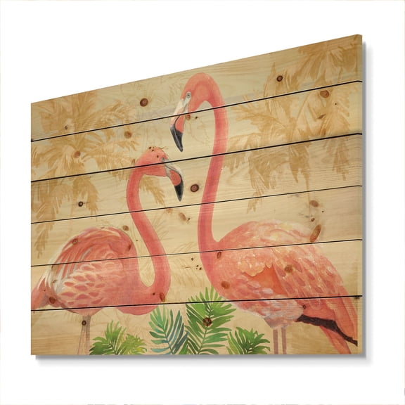 Designart 'Gold Glam Flamingos' Animals Print on Natural Pine Wood