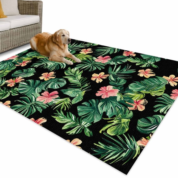 Outdoor Rug 5x8 ft Tropical Print Waterproof Outdoor Patio Rug Mat Non Slip Outside Area Rugs Carpet for RV,Camping,Porch,Deck,Pool,Balconybackyard,Black Floral Leaf
